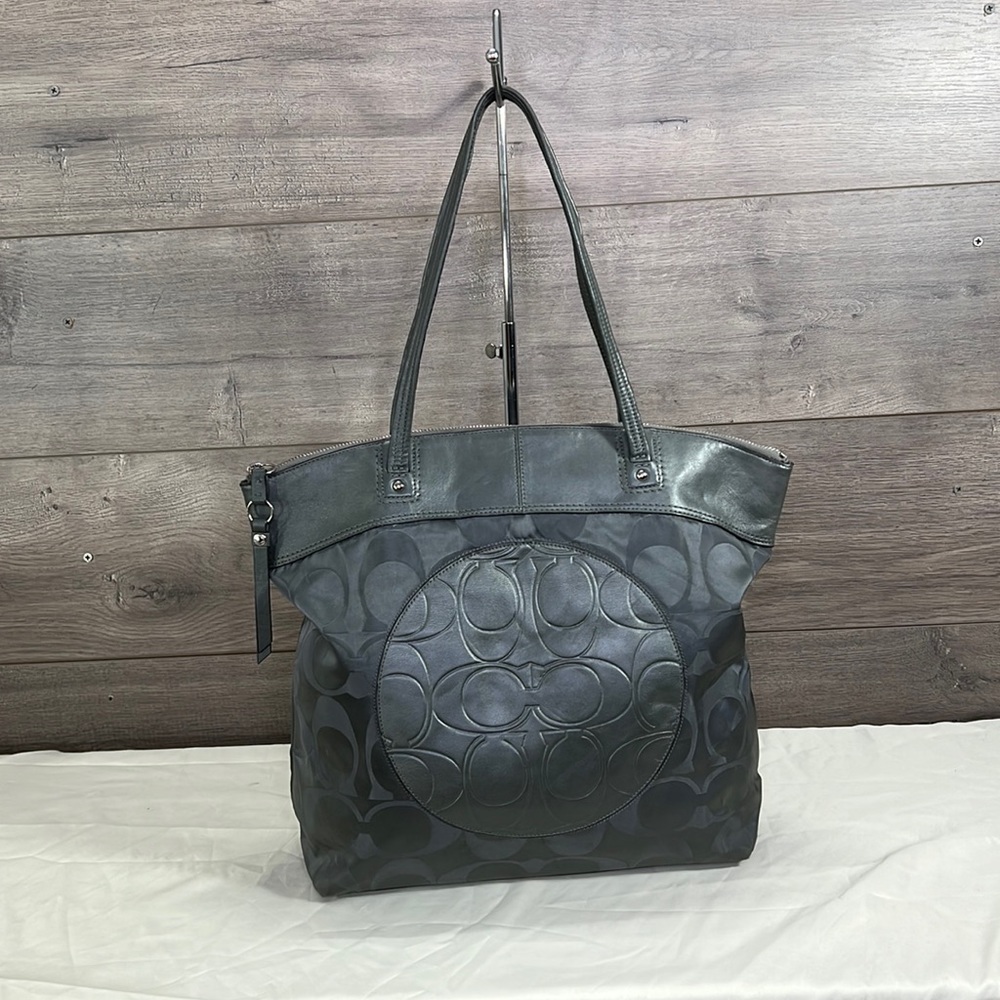 Coach F18335 Laura Grey/Silver Signature Jacquard with Genuine Leather Tote